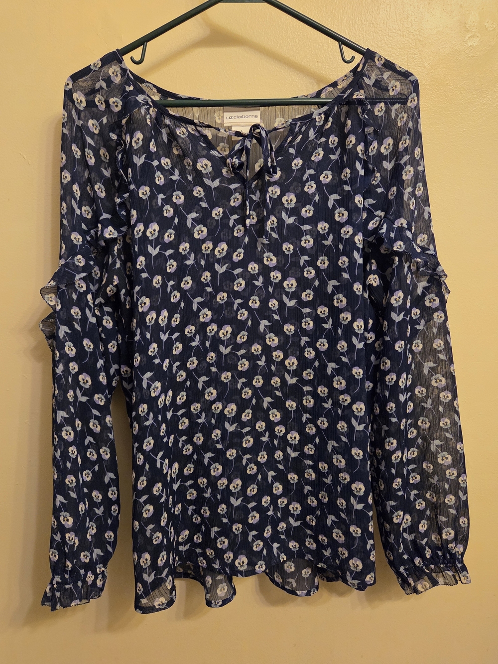 Vintage Style Chiffon Pansy Print Ruffle Blouse Coquette Cottagecore Navy Large